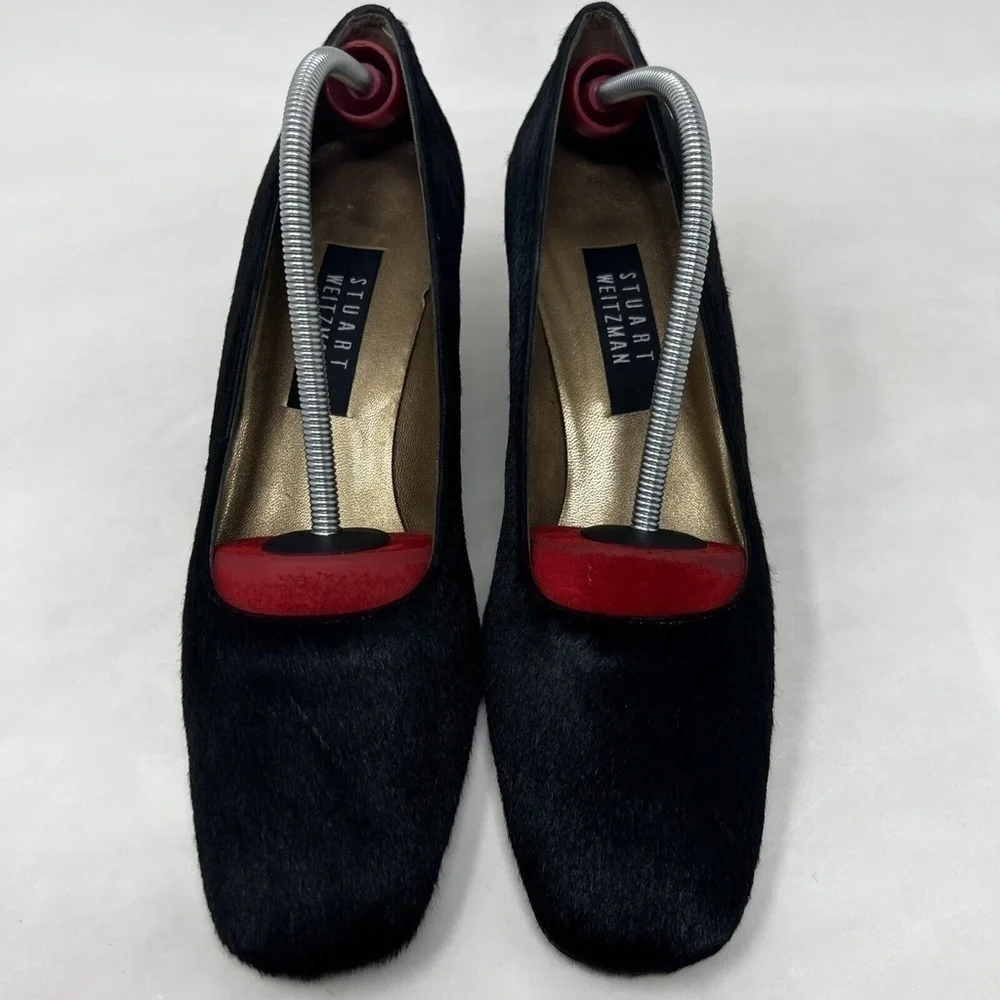 Womens Stuart Weitzman Fur Pumps 9 C Vintage Black Leather Heels Shoes
